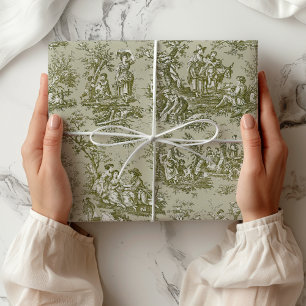 Papel De Presente Elegante Toile de Jouy Vintage em Verde Cinza