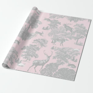 Papel De Presente Elegante Toile de Veado Cinza Rosa Vintage Florest
