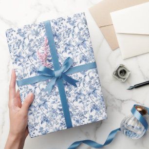 Papel De Presente Elegante Toile Floral Azul Vintage