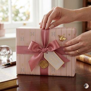 Papel De Presente Elegante Tomara que Caia Rosa e Pinstripe Dourado 