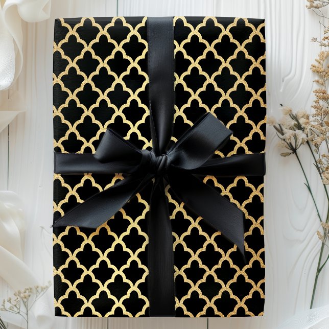 Papel De Presente Elegante Treliça Marroquina em Preto com Folha de  (Criador carregado)