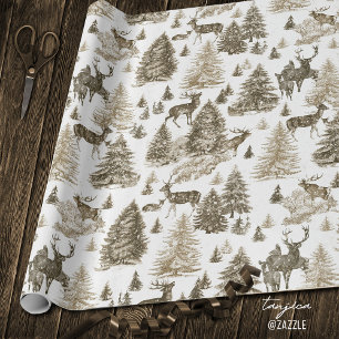 Papel De Presente Elegante Veado Bege Vintage em Floresta Nevada