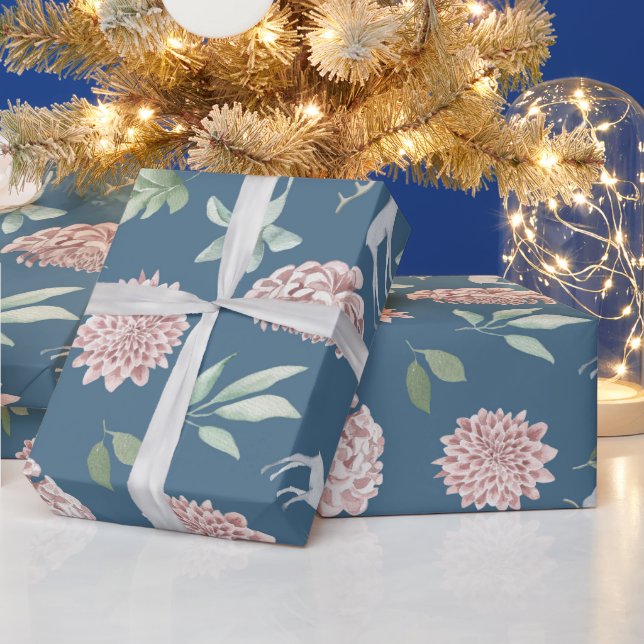Papel De Presente Elegante veado verde azul floral de Natal (Feriados)
