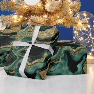 Papel De Presente Elegante Verde e Dourado Brilho Ágata Aniversário
