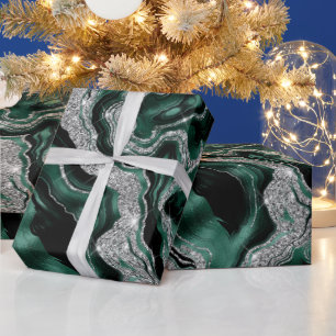 Papel De Presente Elegante Verde e Prata Brilho Ágata Aniversário