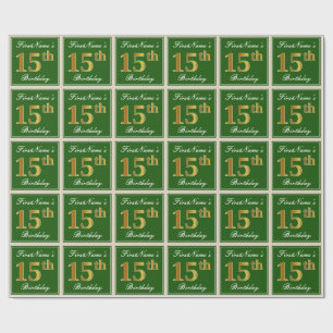 Papel De Presente Elegante, Verde, Faux Dourada 15 Aniversário + No