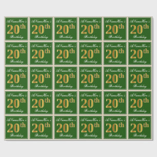 Papel De Presente Elegante, Verde, Faux Dourada 20 Aniversário + No