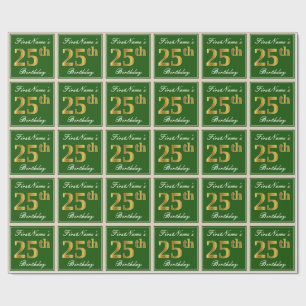 Papel De Presente Elegante, Verde, Faux Dourada 25 Aniversário + No