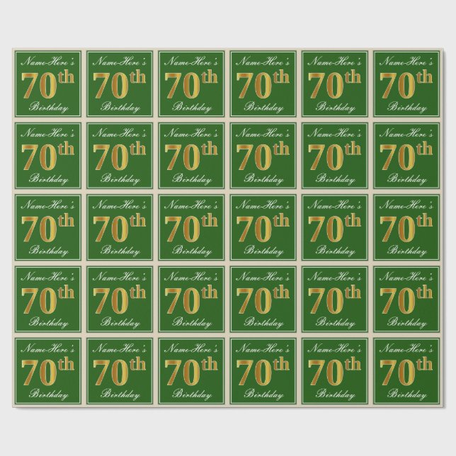 Papel De Presente Elegante, Verde, Faux Dourada 70 Aniversário + Nom (Aberto)