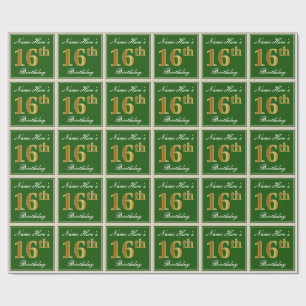 Papel De Presente Elegante, Verde, Faux Dourado 16º Aniversário + 