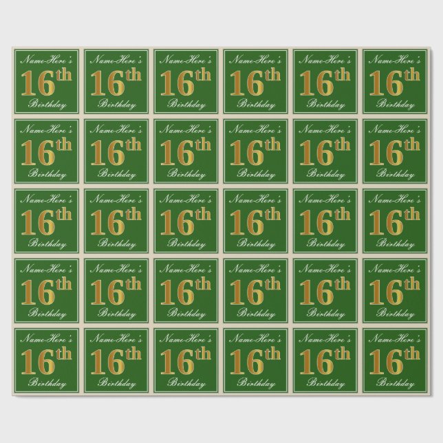 Papel De Presente Elegante, Verde, Faux Dourado 16º Aniversário + No (Aberto)