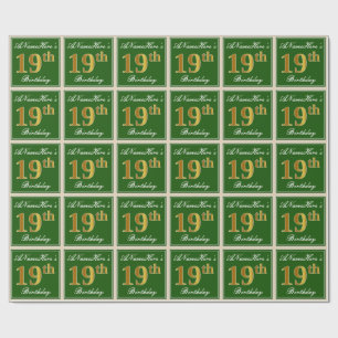 Papel De Presente Elegante, Verde, Faux Dourado 19º Aniversário + No