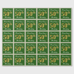 Papel De Presente Elegante, Verde, Faux Dourado 50º Aniversário + No