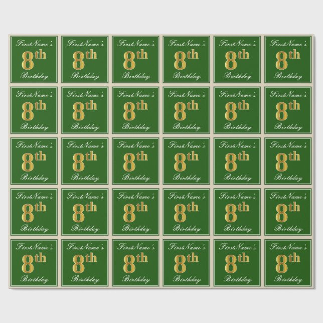 Papel De Presente Elegante, Verde, Faux Dourado 8º Aniversário + Nom (Aberto)