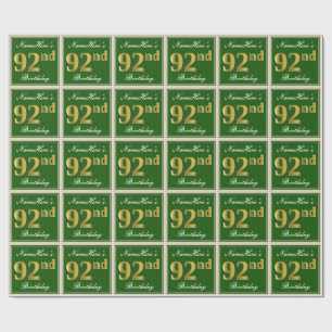 Papel De Presente Elegante, Verde, Faux Dourado 92º Aniversário + No