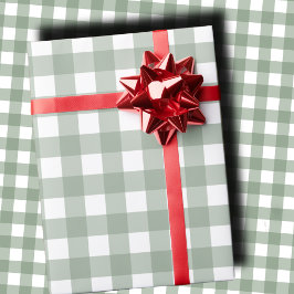 Papel De Presente Elegante Verde Salvia e Gingham de Natal Branco 