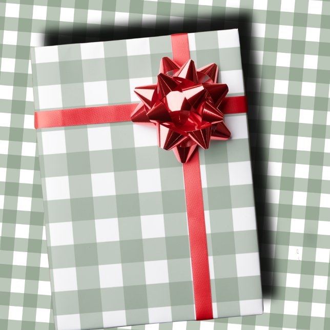 Papel De Presente Elegante Verde Salvia e Gingham de Natal Branco  (Criador carregado)