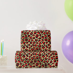 Papel De Presente Elegante Vermelho & Dourado Manchas de Leopardo Sa