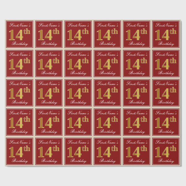 Papel De Presente Elegante, Vermelho, Faux Dourada 14 Birthday; Nome (Aberto)