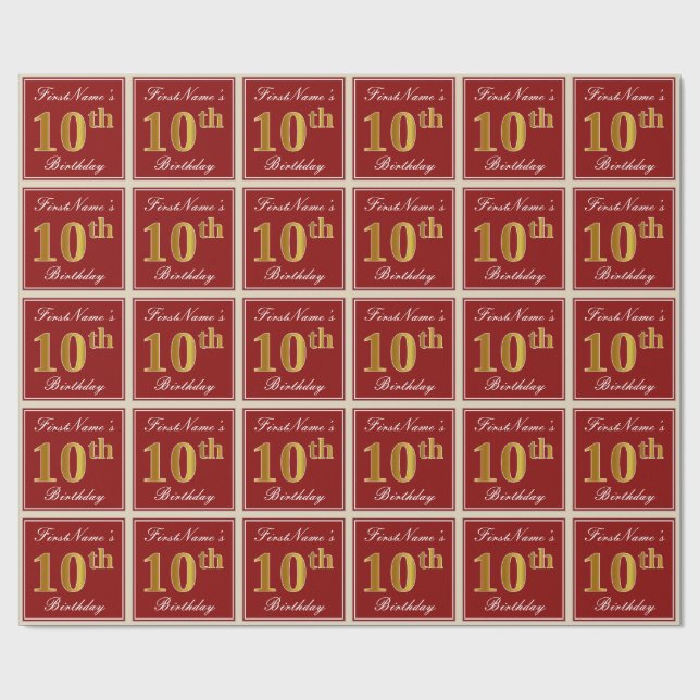 Papel De Presente Elegante, Vermelho, Faux Dourado 10º Aniversário;  (Aberto)