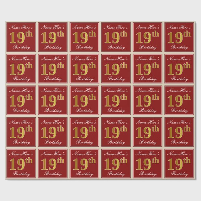 Papel De Presente Elegante, Vermelho, Faux Dourado 19º Aniversário;  (Aberto)
