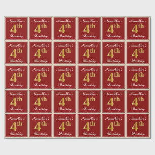 Papel De Presente Elegante, Vermelho, Faux Dourado 4º Aniversário 