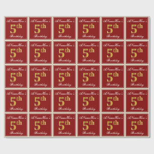 Papel De Presente Elegante, Vermelho, Faux Dourado 5 Birthday + Nome