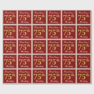 Papel De Presente Elegante, Vermelho, Faux Dourado 75.º Aniversário;