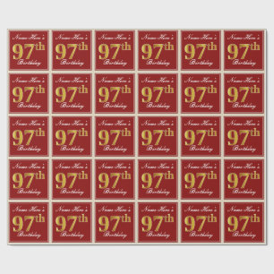 Papel De Presente Elegante, Vermelho, Faux Dourado 97º Aniversário; 