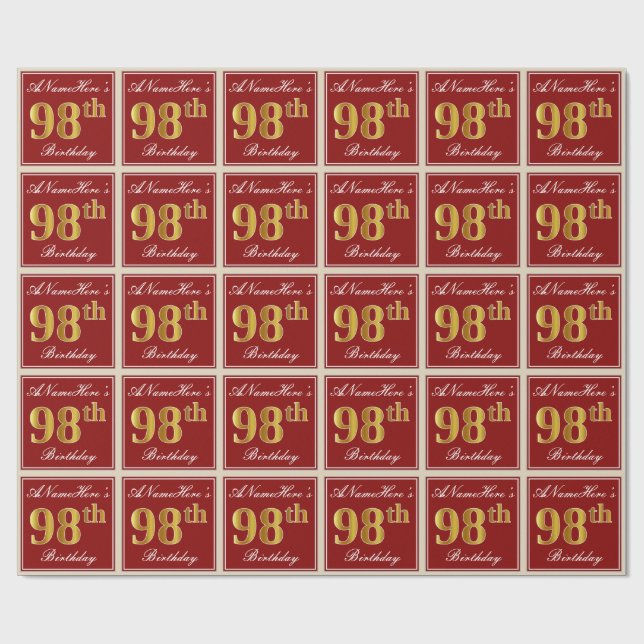 Papel De Presente Elegante, Vermelho, Faux Dourado 98º Aniversário;  (Aberto)