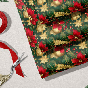 Papel De Presente Elegante Vermelho Verde Dourado Natal Ornate  
