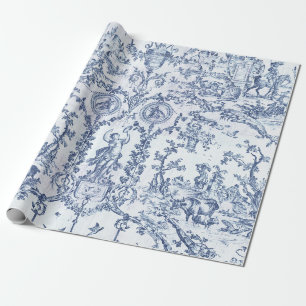 Papel De Presente Elegante Vintage Azul Clássico Toile de Jouy Franc