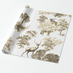 Papel De Presente Elegante Vintage Beige Toile Deer Fox Woodland