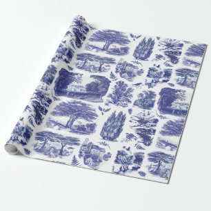 Papel De Presente Elegante Vintage Blue Country Pastoral Toile