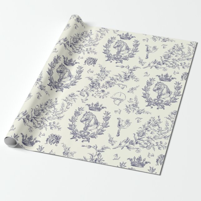 Papel De Presente Elegante Vintage Chic Dusty Blue Equestrian Toile (Desenrolado)