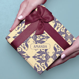 Papel De Presente Elegante vintage damask marinho Monograma amarelo