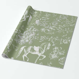 Papel De Presente Elegante Vintage Dark Sage Horses Floral