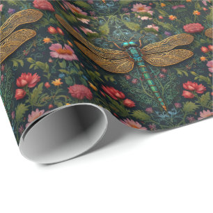 Papel De Presente Elegante Vintage dragonfly boho botânico
