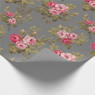Papel De Presente Elegante Vintage Rosa Rosas Rosa-Cinza Fundo