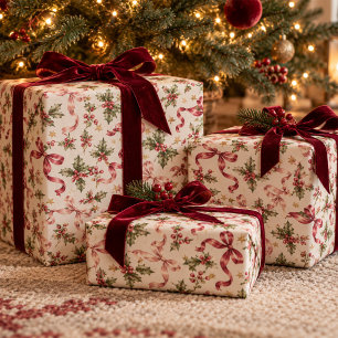 Papel De Presente Elegantes Arcos Vermelhos Rosados de Natal Vintage