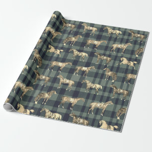Papel De Presente Elegantes Cavalos Bege Vintage Selados Xadrez Azul