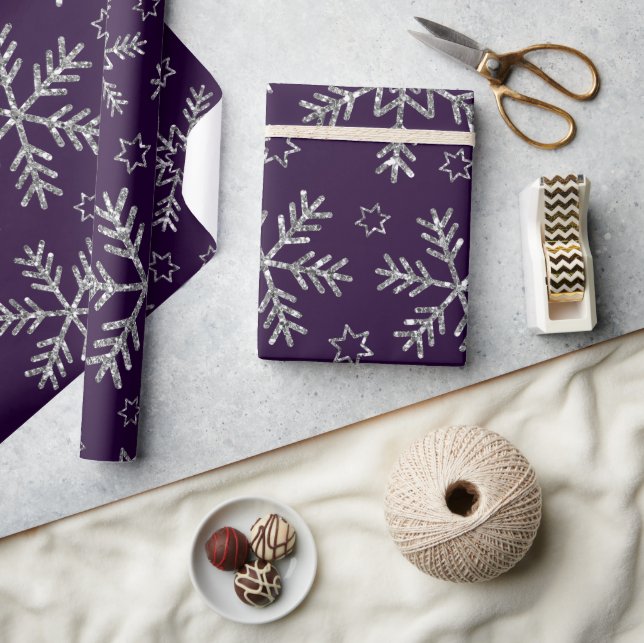Papel De Presente Elegantes Flocos de Neve Roxos e Prateados de Nata (Artesanato)