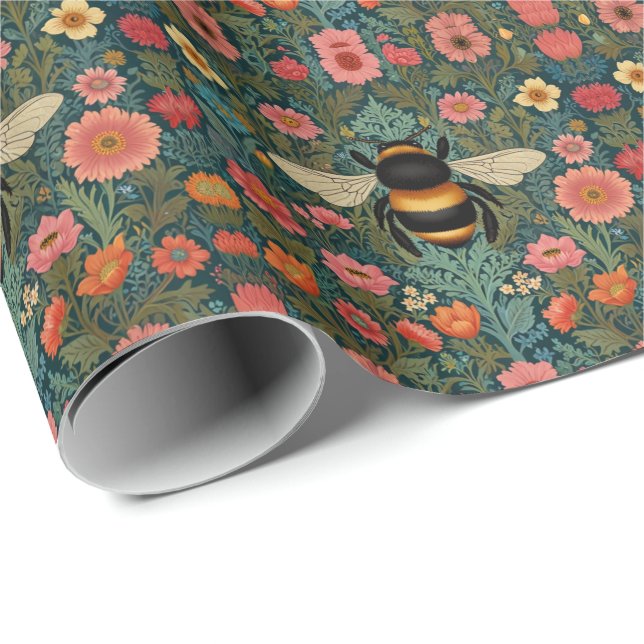 Papel De Presente Elegantes flores boho retrô de abelha primavera  (Ponta do rolo)