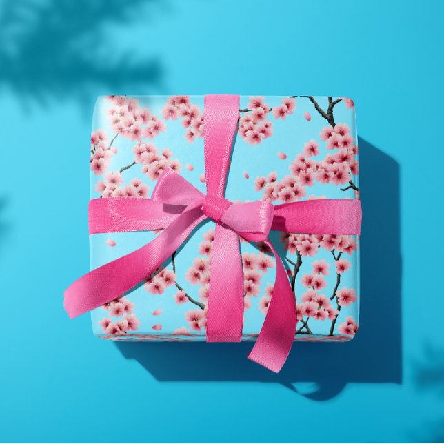 Papel De Presente Elegantes Flores de Cerejeira Rosa no Céu Azul  (https://www.zazzle.com/elegant_pink_cherry_blossoms_sky_blue_christmas_wrapping_paper-25631112074814)