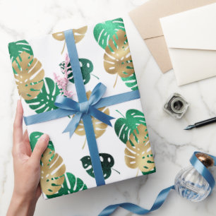 Papel De Presente Elegantes Folhas Tropicais de Monstera Douradas e