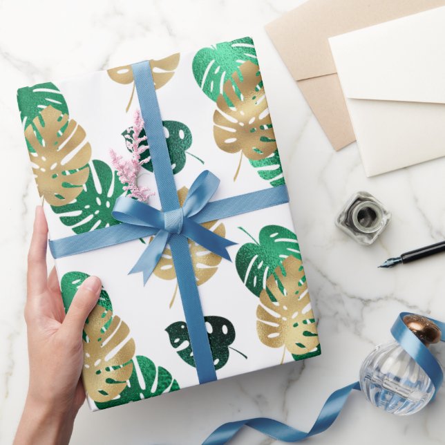 Papel De Presente Elegantes Folhas Tropicais de Monstera Douradas e  (Presentear)