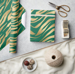 Papel De Presente Elegantes Listras Selvagens de Zebra Verdes e Dour