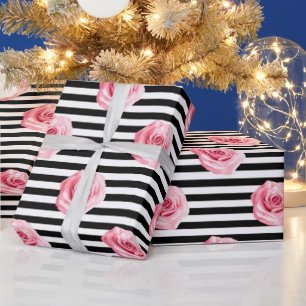 Papel De Presente Elegantes Rosas Cor-de-Rosa e Listras em Estilo Sh
