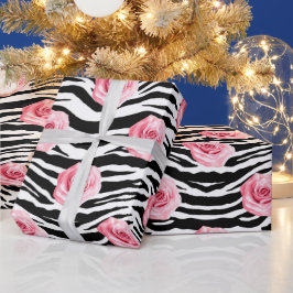 Papel De Presente Elegantes Rosas Cor-de-Rosa e Listras Zeba em Shab