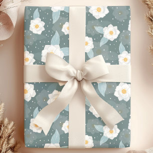 Papel De Presente Elegente Magnolia Floral Bolinhas Branca